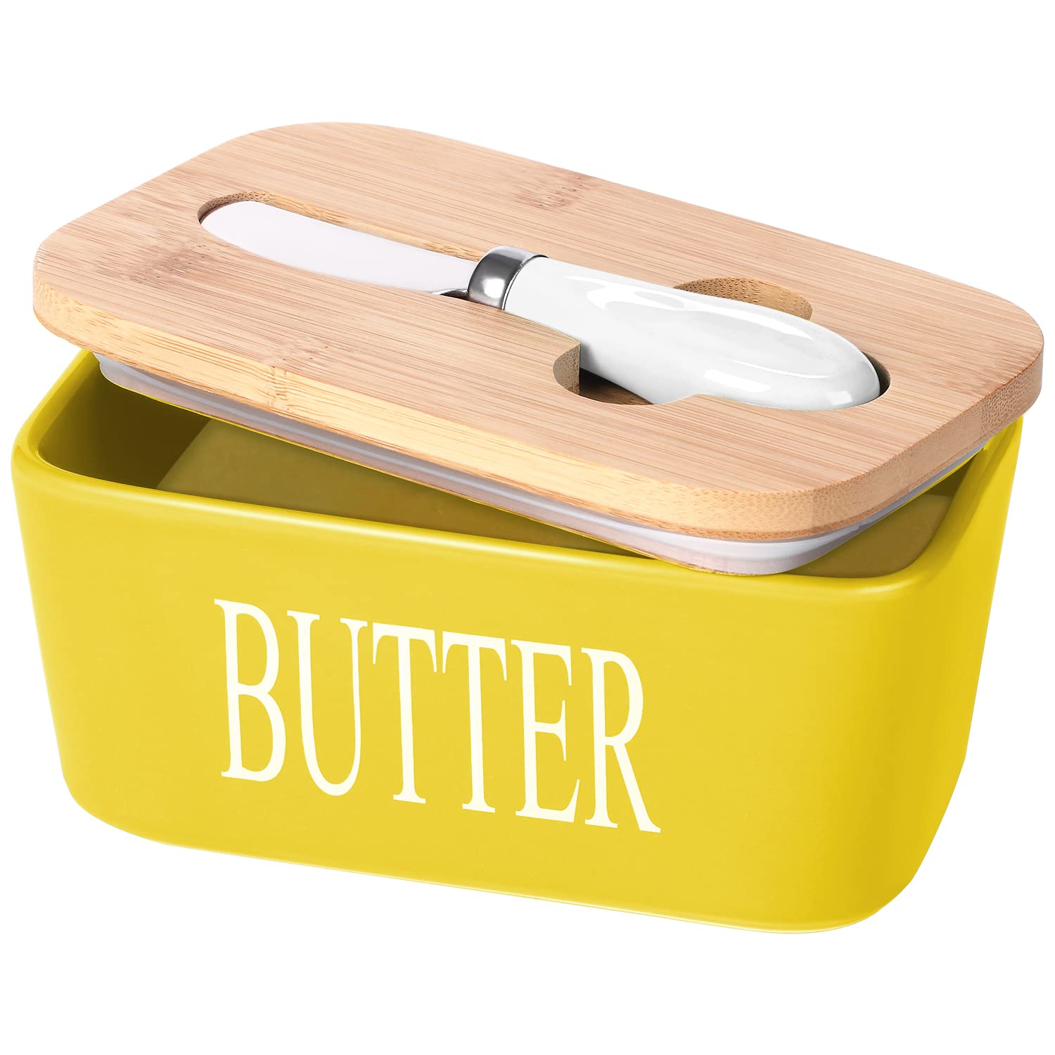 Ceramic Butter Dish with Wooden Lid, Lxmons Large Butter Container Keeper Storage with Stainless Steel Butter Knife Spreader, Bamboo Cover and Silicone Sealing Ring for West East Coast Butter, Yellow