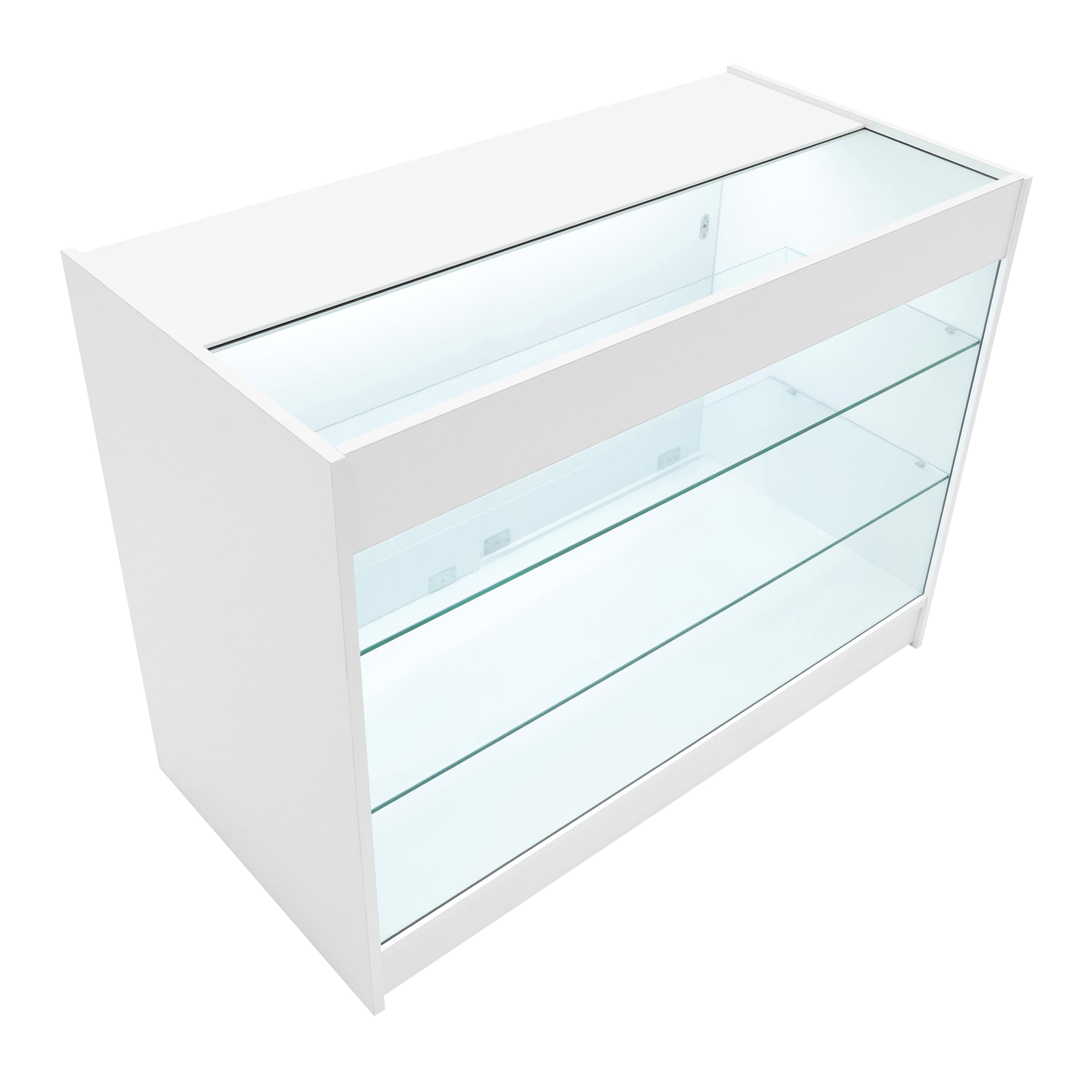 Comptoirs de Vente en MDF Blanc à LED Blancs Ensemble Hyperion LM60 TB60 B1200 K1200 3 Unités de Rangement Étagères Internes Portes Coulissantes Verouillables Réception Bureau Vêtements [Clés INCLUS]