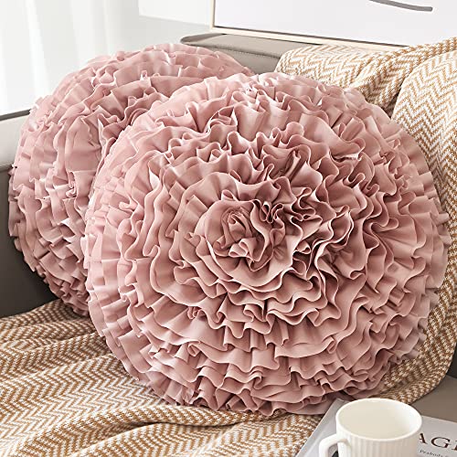 Foindtower Pack of 2 Ruffle Throw Pillow Covers Decorative Boho Cushion Cases Flower Pillowcases for Couch Bed Sofa Bedroom Décor Handmade 3D Floral Soft Farmhouse Round 18 Inch Pink