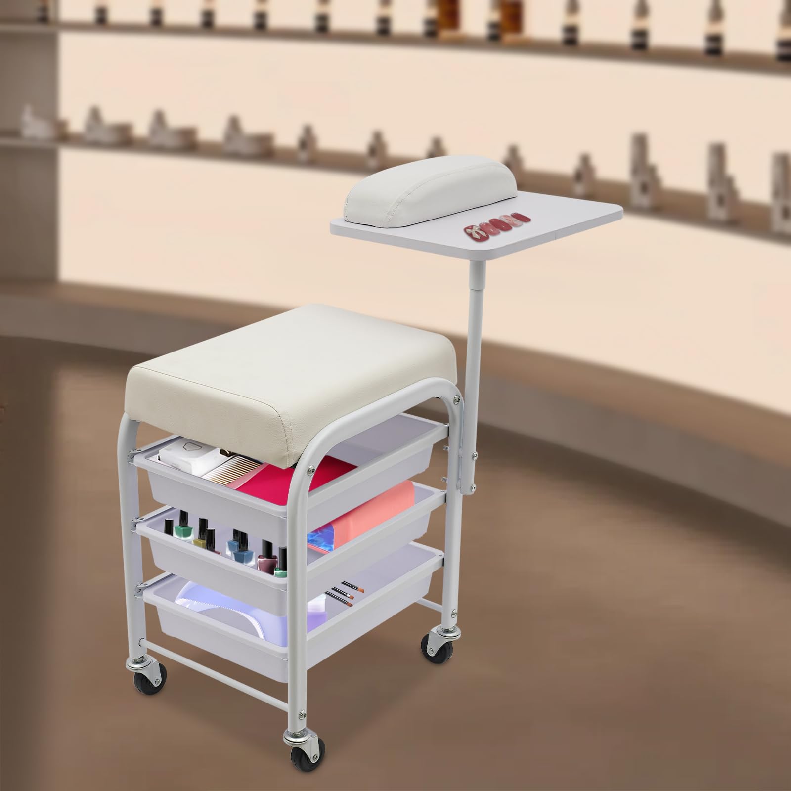 Tragbarer Fußbad Spa Wagen, Trolley für Fußbad Pediküre Fußstütze or Pediküre Maniküre Wagen für Beauty Salonmit 3 Schubladen,4 Universal-Räder und Drehbares Tablettfür Fußbäder(Weiß)