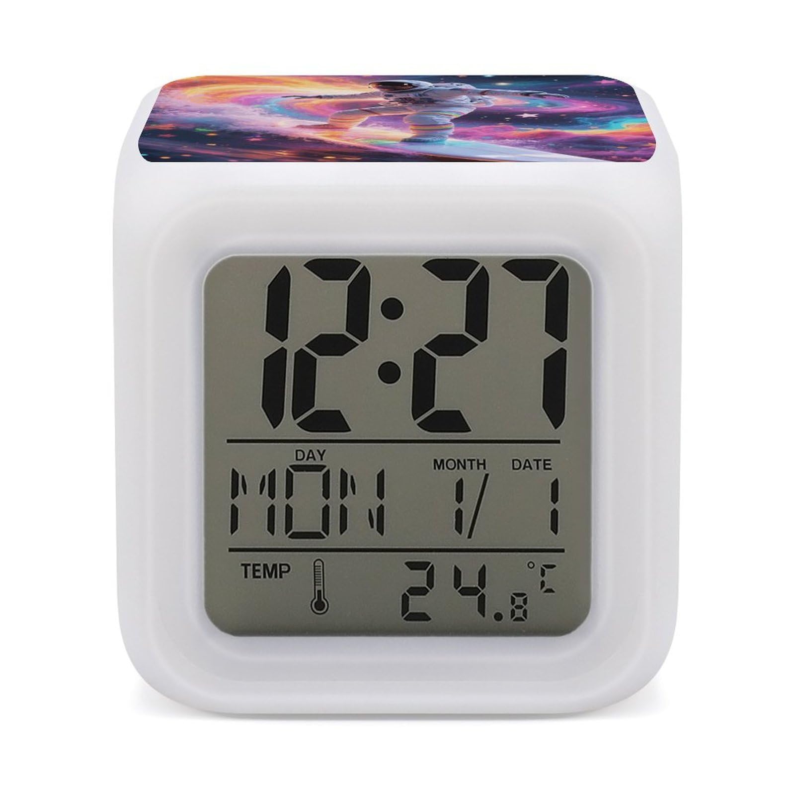 7 Color Ambient Night Light Cube Battery Operated Colorful Astronaut Digital Clock with Snooze Temperature LED Digital Alarm Clocks Dimmable Wake Up Light Portable Mood Lamp for Bedroom Desk Gift