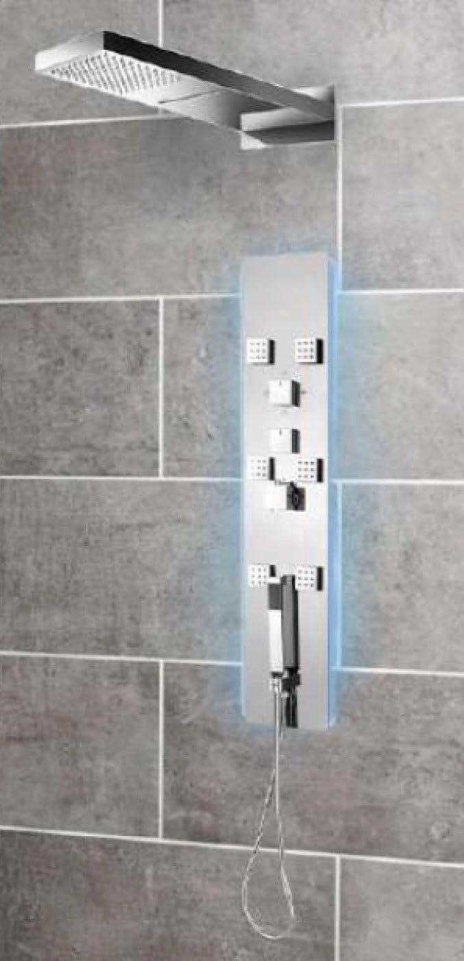 Columna de hidromasaje CIBELE en acero inoxidable pulido plateado, com LED para una iluminación elegante. Ducha superior, cascada, mano en latón cromado y 6 jets fijos, para un baño relajante