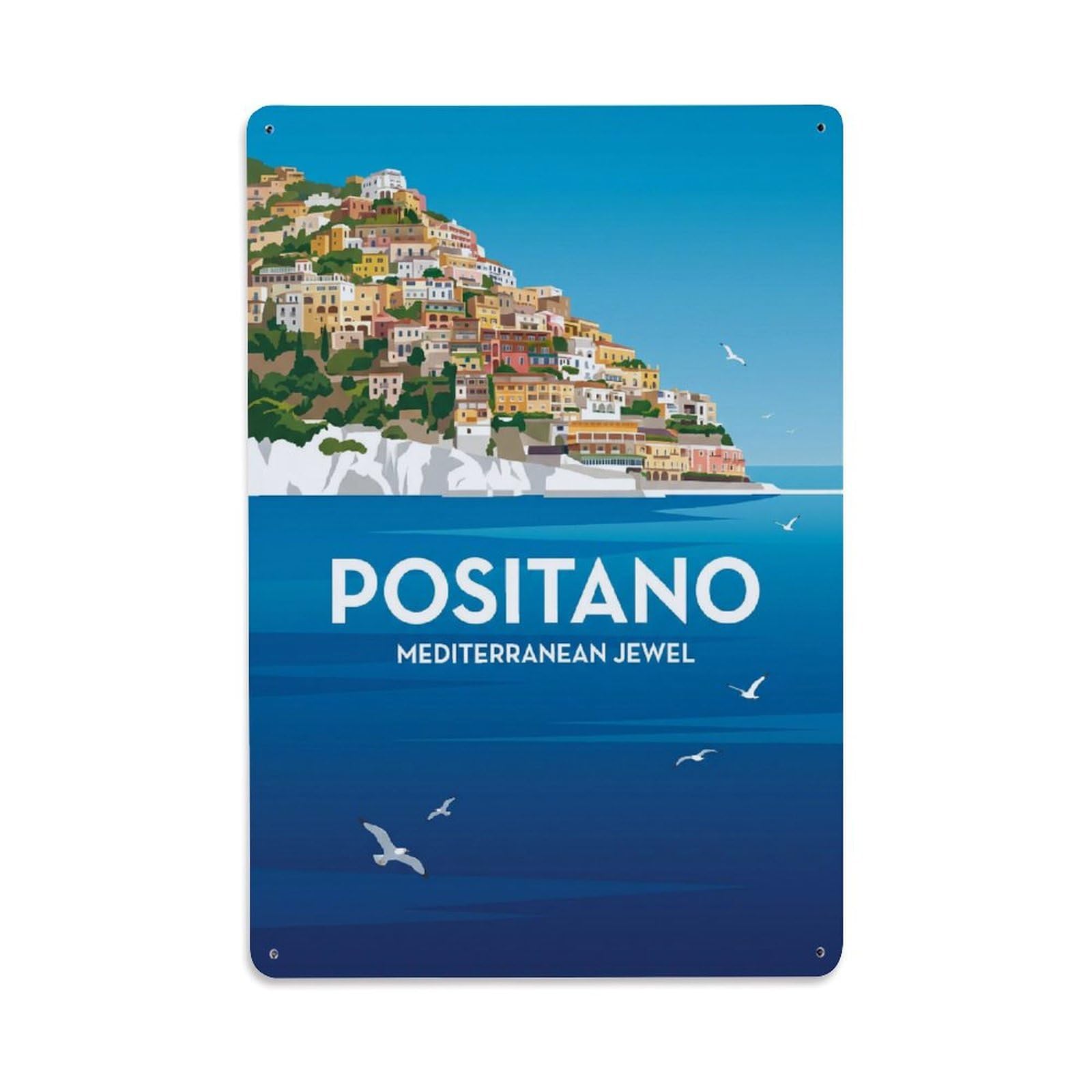 Vintage Travel Positano Italy Sapphire Metal Tin Sign Plaque Wall Decor for Cafe, Club Bar, Office, Garden Metal Poster 8x12Inch