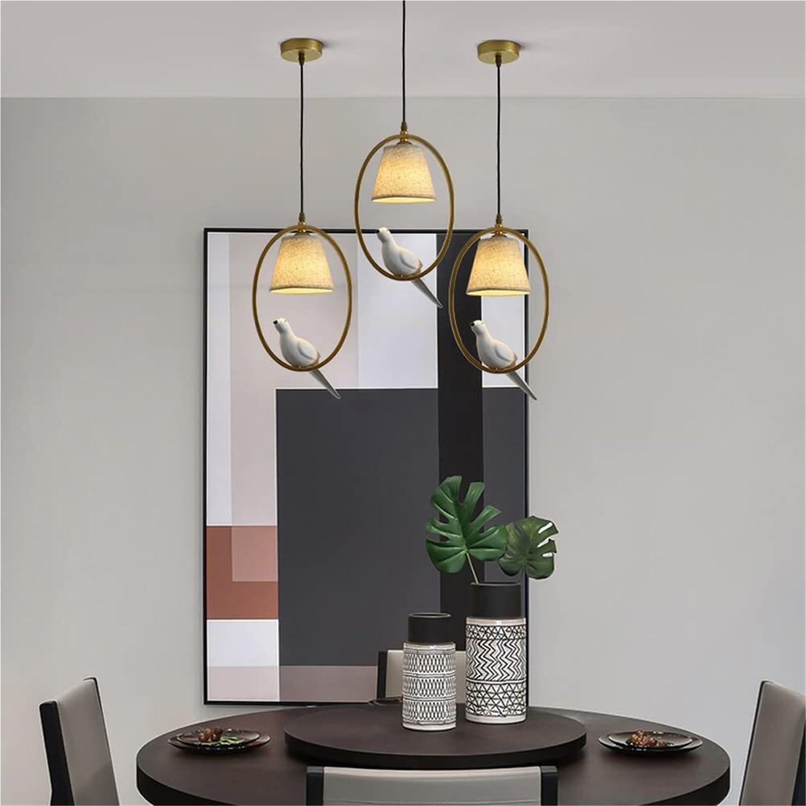 Lampada a Sospensione Moderna in Resina a Forma di Uccello, con Paralume in Tessuto, lampadario Ovale in Metallo, lampadario per Sala da Pranzo, Camera da Letto, lampade sospese (o