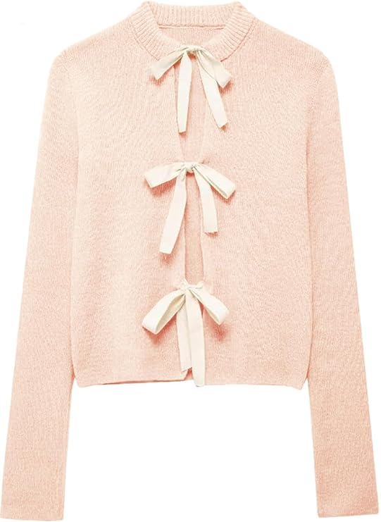 Pinclodly Tie Front Cardigan Sweaters for Women Y2K Bow Tie Open Front Cardigans Crewneck Long Sleeve Sweaters