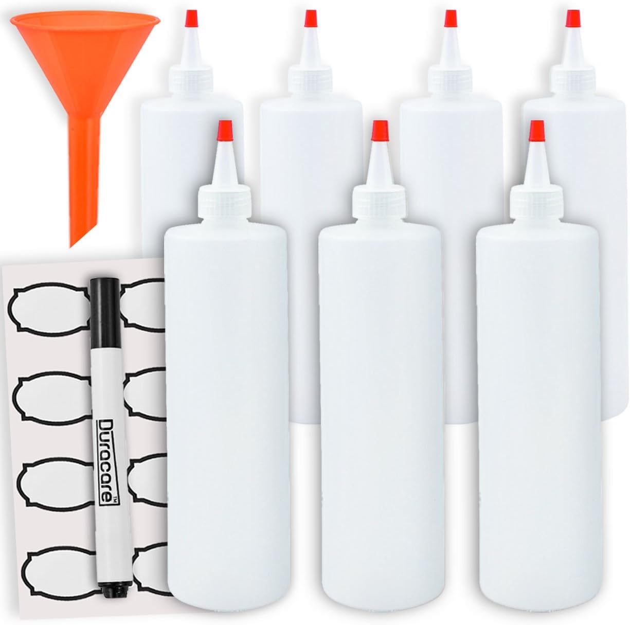 Duracare Plastic Squeeze Bottles, 7 Pack Condiment Squirt Bottles (16 Ounces) with Caps, Includes Funnel, Erasable Marker and Reusable Labels - for Sauces, Salad Dressings, Arts and Crafts - BPA Free