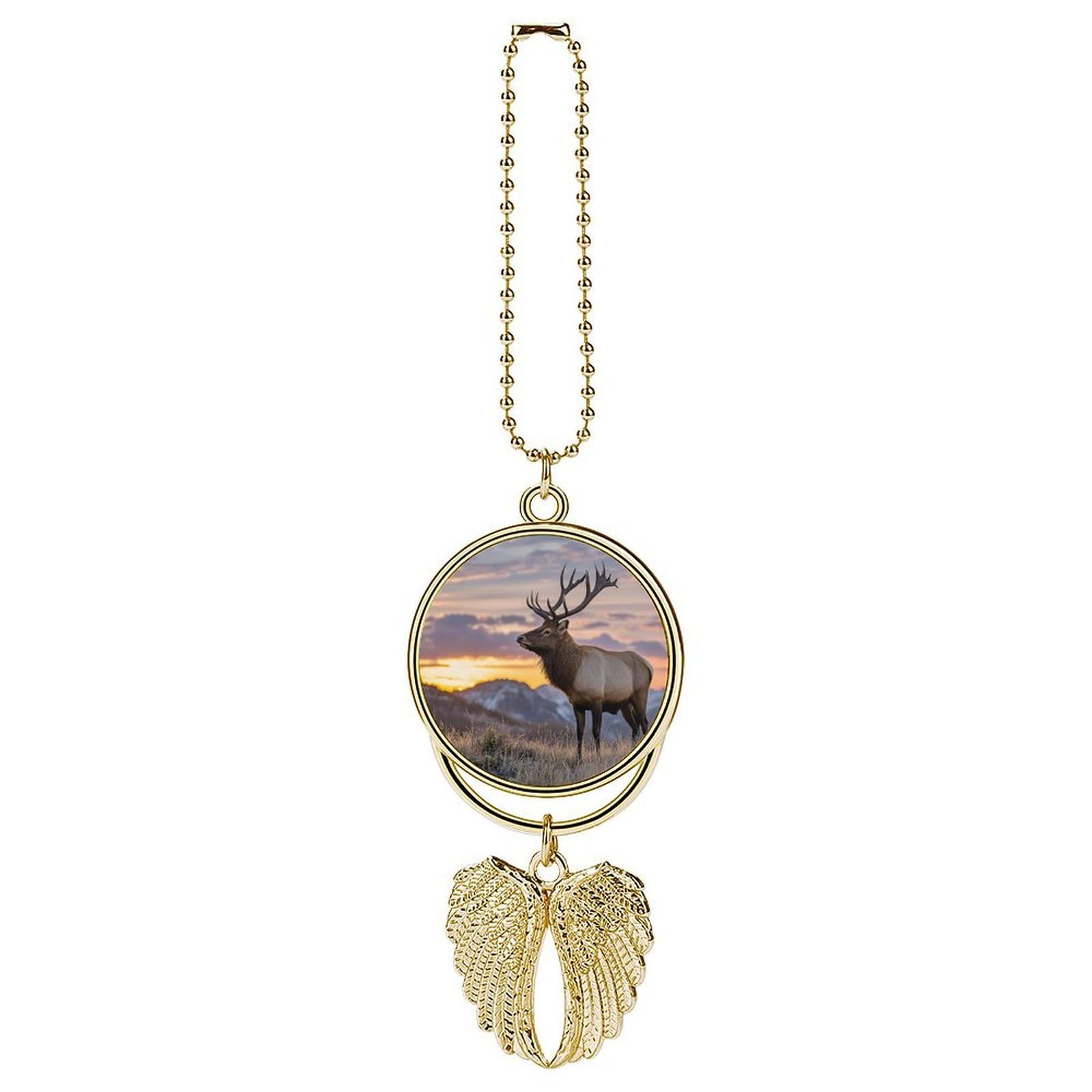 Red Deer Bull Elk Sunset Car Pendant Car Rearview Mirror Pendant Custom Photo Car Hanging Ornament Car Rear View Mirror Hanging Accessories Angel Wing Car Charm Gift for Men Women