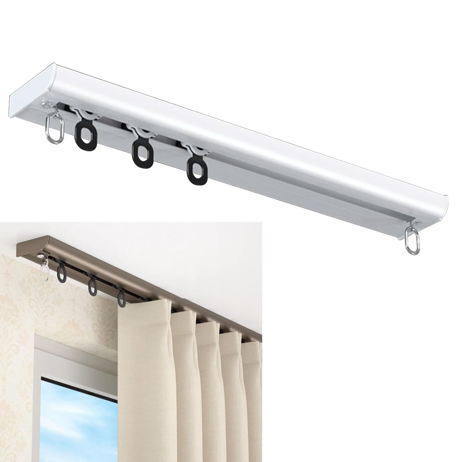 Ceiling Curtain Track, Invisible Curtain Rod, Room Divider, Ceiling Track for Curtains, Room Divider Curtain Rod, Ceiling Rails Set with Silent Rollers, for Inward-opening Window (Color : White, Siz