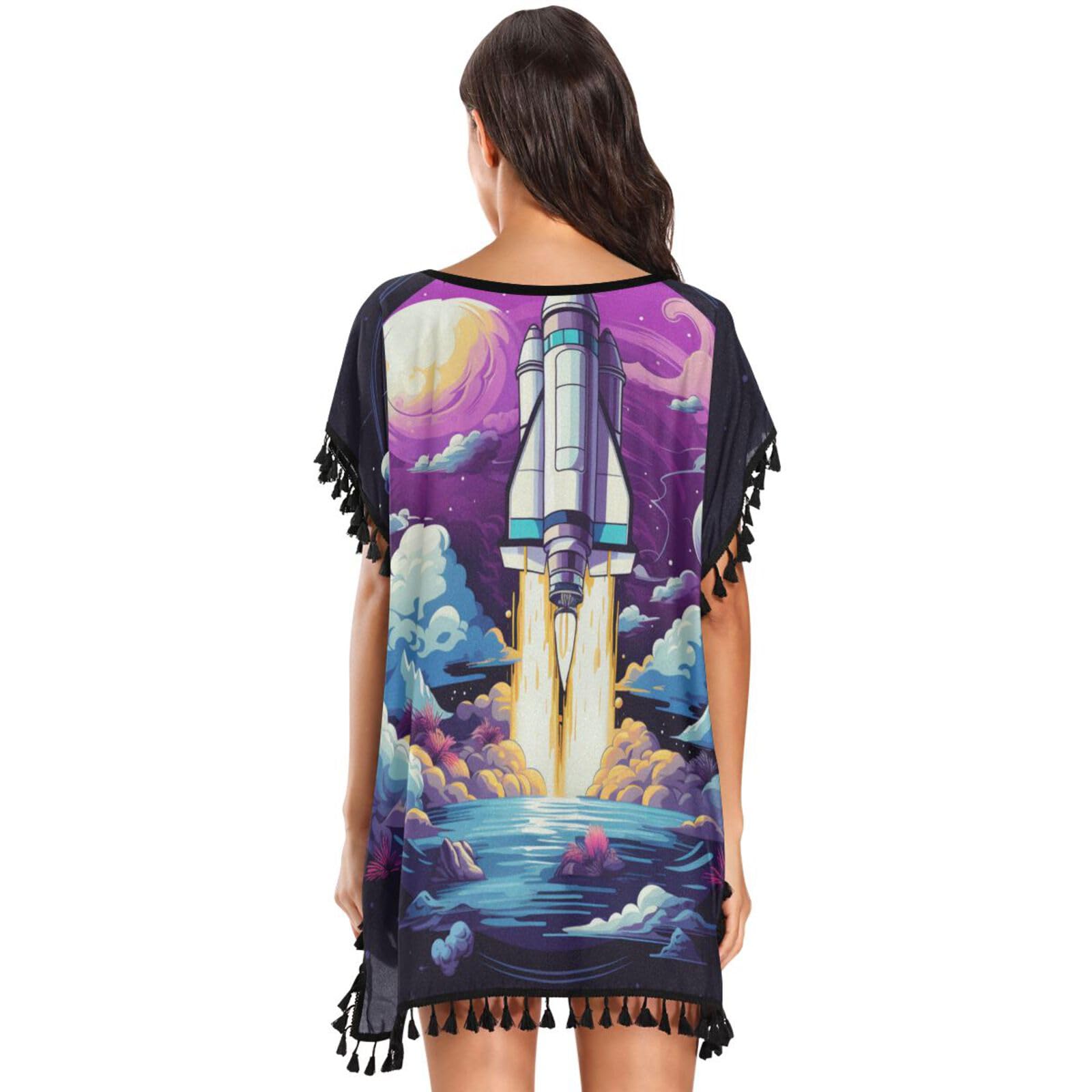 Cartoon Purple Rocket Art Women's Beach Cover Up Chiffon Tassel Swimwear Swimsuit Coverups for Girl