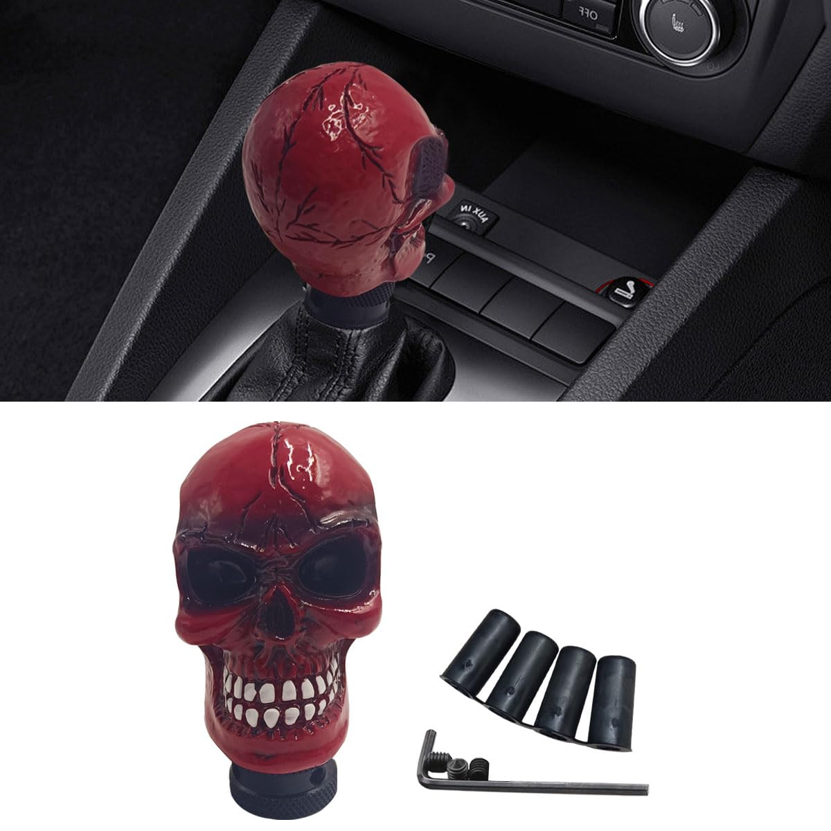 Skull Car Gear Shift Knob, Cool Stick Shift Knob, Big Tooth Skull Shifter Stick Handle Head with Adapters, Car Shifting Lever for Most Manual Automatic Transmission Vehicle (Red)
