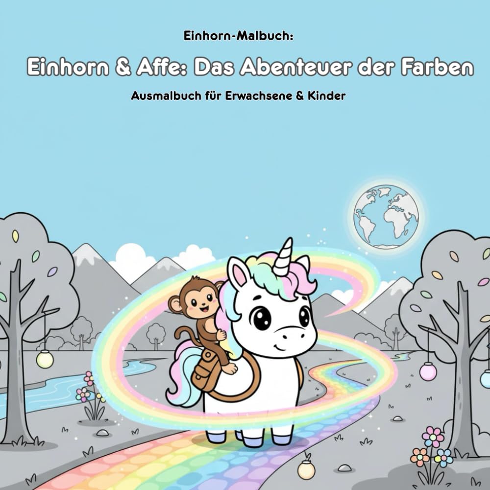 Einhorn & Affe: Das Abenteuer der Farben – Geschichte & Malbuch: Für Erwachsene & Kinder: 36 Ausmalbilder (21.59x21.59cm) – Die mutige Reise von Einhorn und Affe!