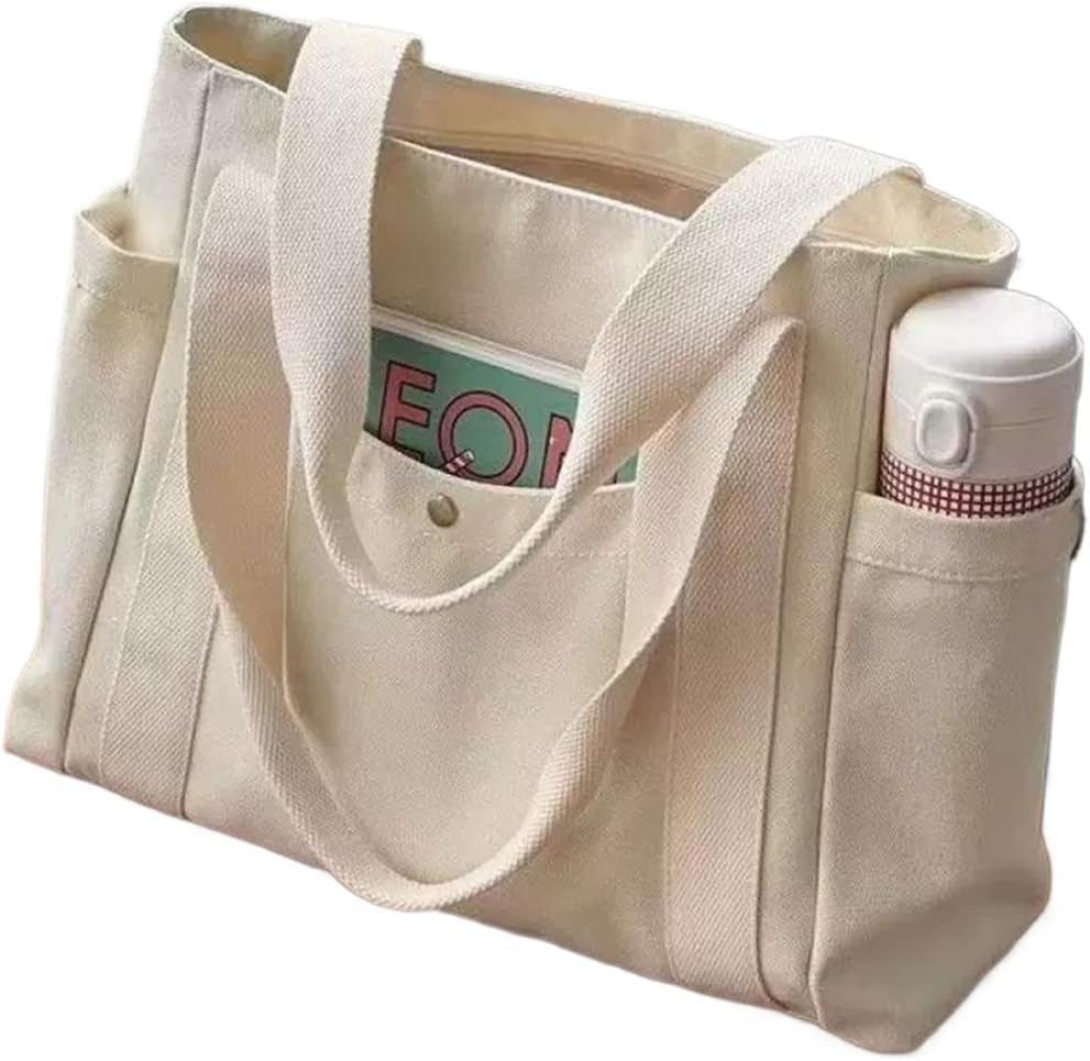 Canvas Tote Bag with Zipper, Beige Black Multi Pocket Shoulder Bag for Women, Medium Handbag Purse for Work (Beige)