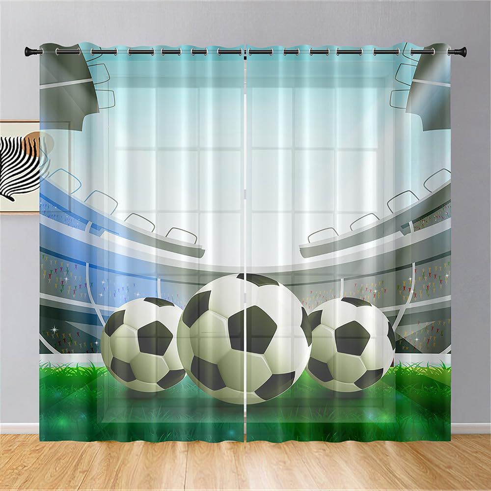Surwin Fútbol Patrón Cortinas para Salon, Dormitorio Niños - Translucidas Cortinas y Visillos, Visillos Cortos para Ventanas, 2 Piezas Cortina con Ojales (107x160cm,Campo de Fútbol)