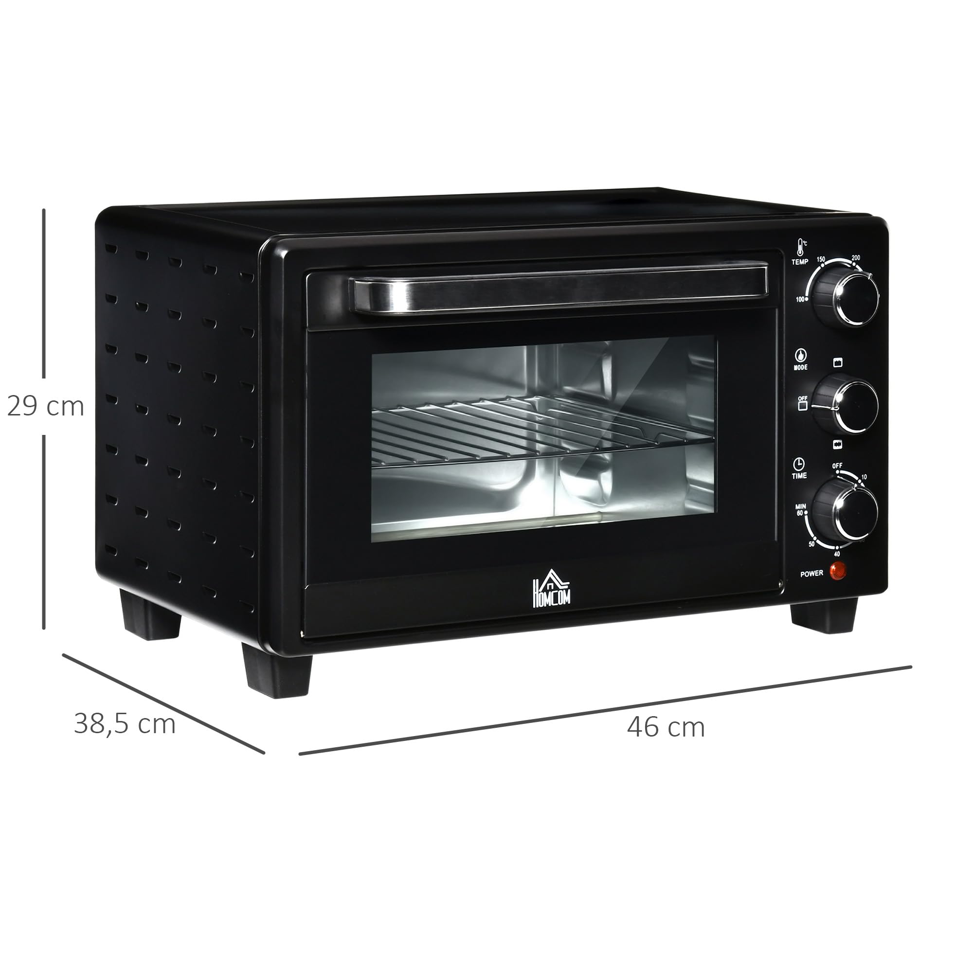 HOMCOM Mini Backofen 21 L 1400W 100-230℃ 60 Min. Timer inkl. Krümelblech, Backblech, Grillrost Fenster, Minibackofen Pizza-Ofen, Schwarz