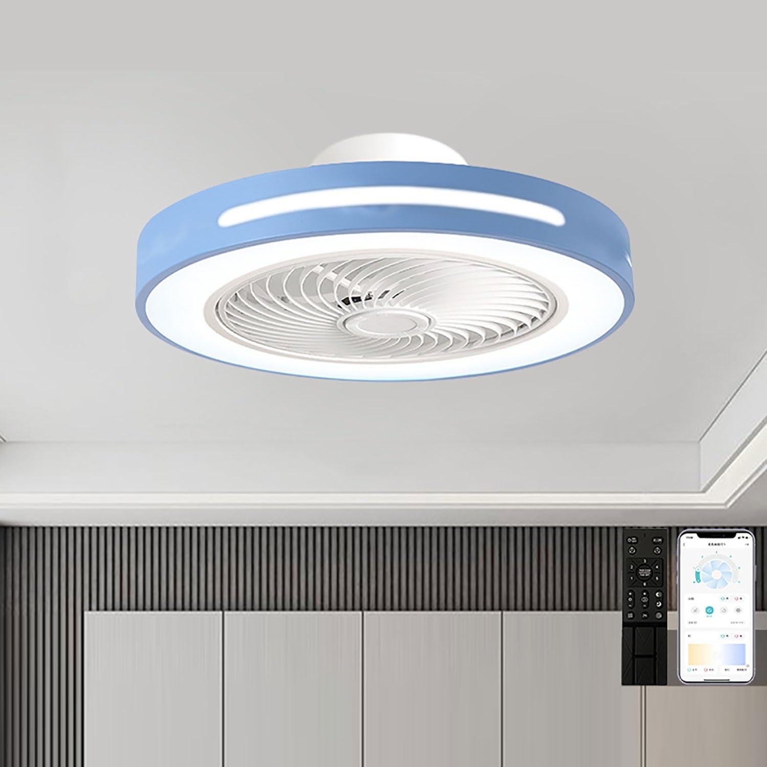 HXYSXHJUO 18IN/20IN Low Profile Ceiling Fans with Lights and Remote Modern Quiet Multiple Colors Available for Bedroom, Kitchen, Living Room(Blue,50cm/20in)