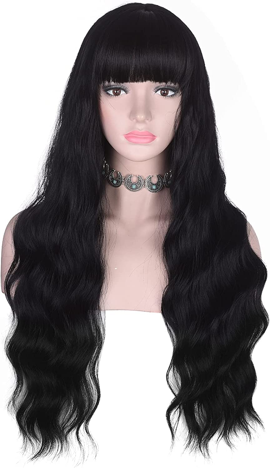Osen Long Wavy Black Wig with Bangs for Women Heat Resistant Synthetic Hair Wigs 29 inch long hair for Daily Use(Black) wig Cap 2, carry pouch 1-image-26