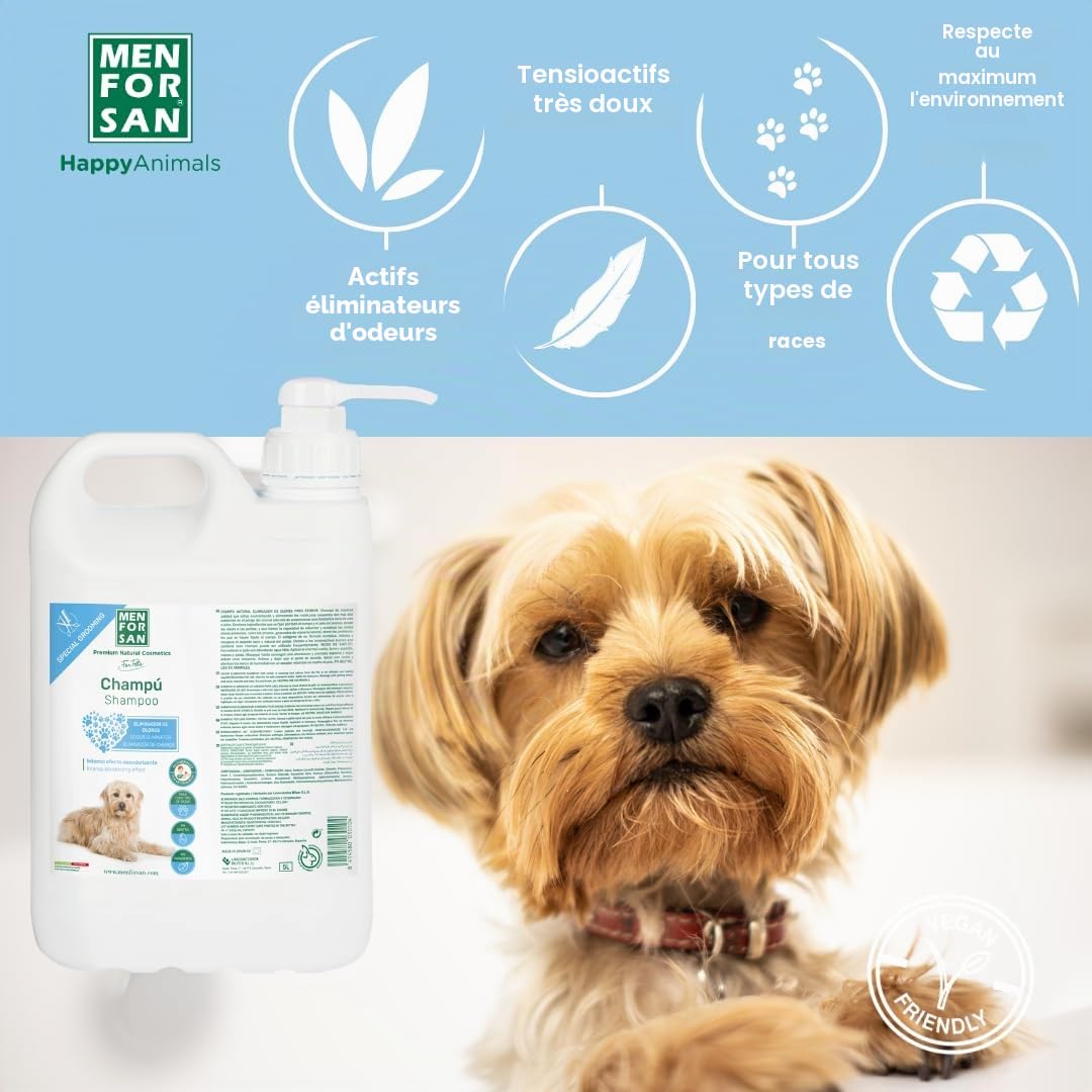 MENFORSAN Shampooing Éliminateur d'odeurs pour Chiens 5L, élimine Les Mauvaises Odeurs du Pelage, Odeur de Poudre de Talc