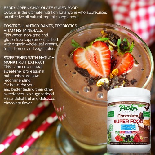 Berry Green Chocolate Superfood Powder with Organic Greens & Organic Fruits, Enzymes, Probiotics, Antioxidants, Vitamins, Minerals - Alkalize & Detox - Non GMO, Vegan & Gluten Free - 240 Grams.