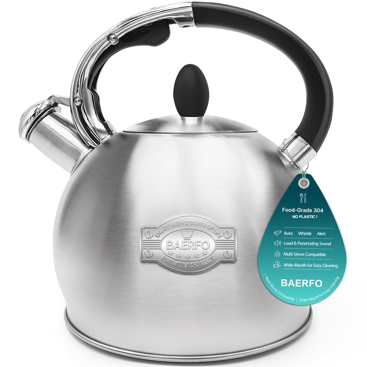 BAERFO Tea Kettle, 2.64 Qt Tea Pot Stovetop, Premium 304 Food-Grade Tea Kettle Stovetop, Resounding Sound, Vintage Aesthetics, with Pot Holder (Brushed)