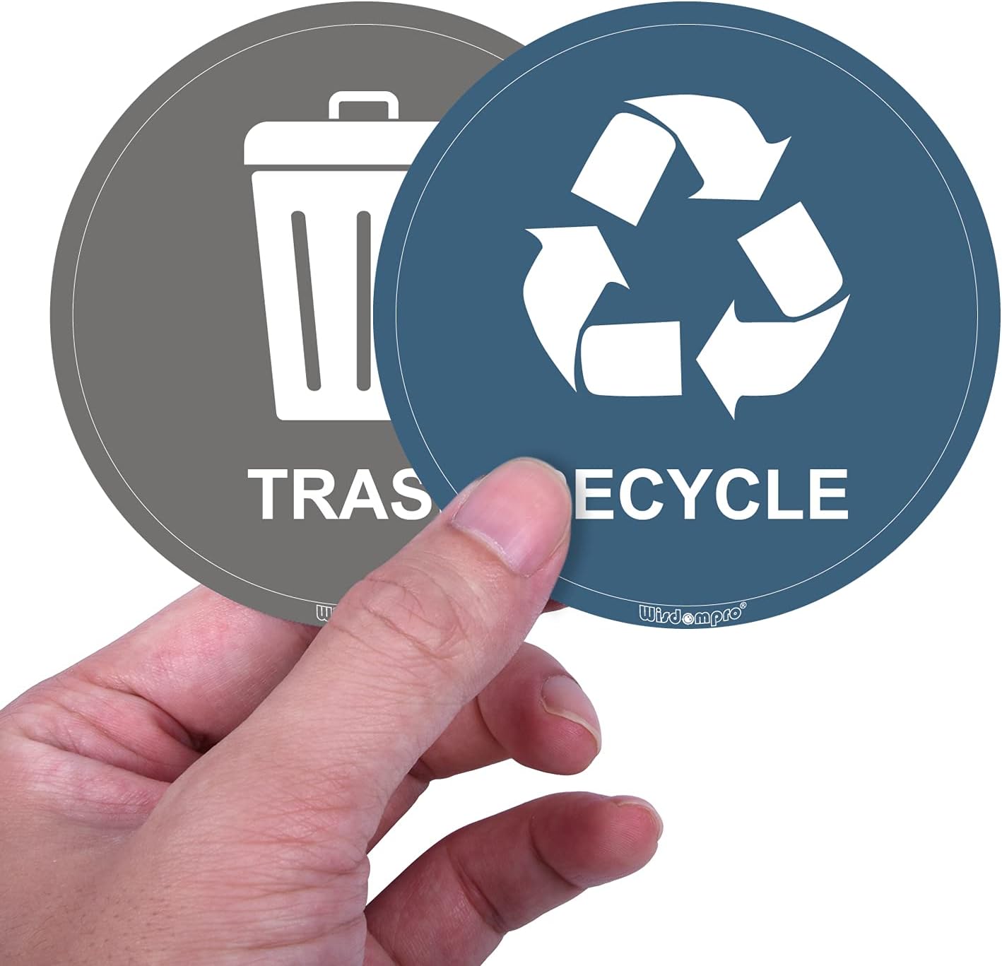 wisdompro 8 Pack Recycling Stickers for Bins, 3 Inch Self Adhesive Waterproof Recycle and Trash Decals Sign for Trash Can, Indoor & Outdoor Use for Home Kitchen, Office - Blue, Grey