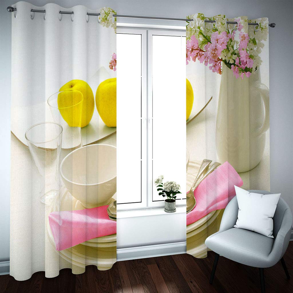 Rideaux Chambre Enfant 3D Fleurs De Vaisselle De Style Européen Fille Motif Rideau Occultant Isolants Thermique Anti Froid À Oeillets 264x240Cm Salon Décoration Lot De 2 Voilages Décor Chambre Bebe
