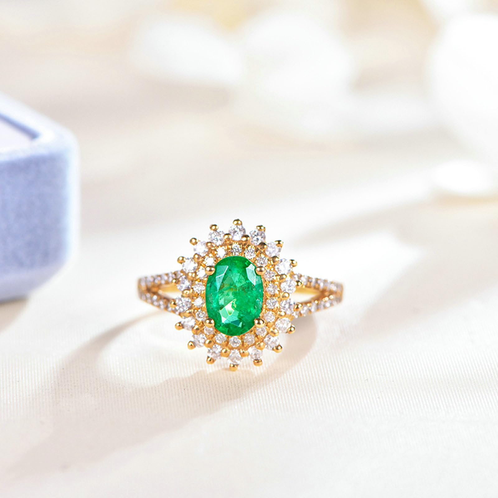 Anillo de boda para mujer, oro de 18 quilates, 14 quilates, 9 quilates, talla H 1/2-V 1/2, anillos de compromiso con girasol con esmeralda de 0,7 quilates y moissanita de 0,5 quilates