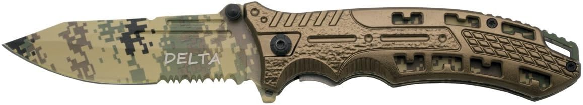 THIRD Assisted Folding Knife Delta K2797BNGS, Black Aluminium Handle with Holes, 10.5 cm Stainless Steel Blade with Saw, Blade and Liners in Digital Military camo. with Clip, with Sheath