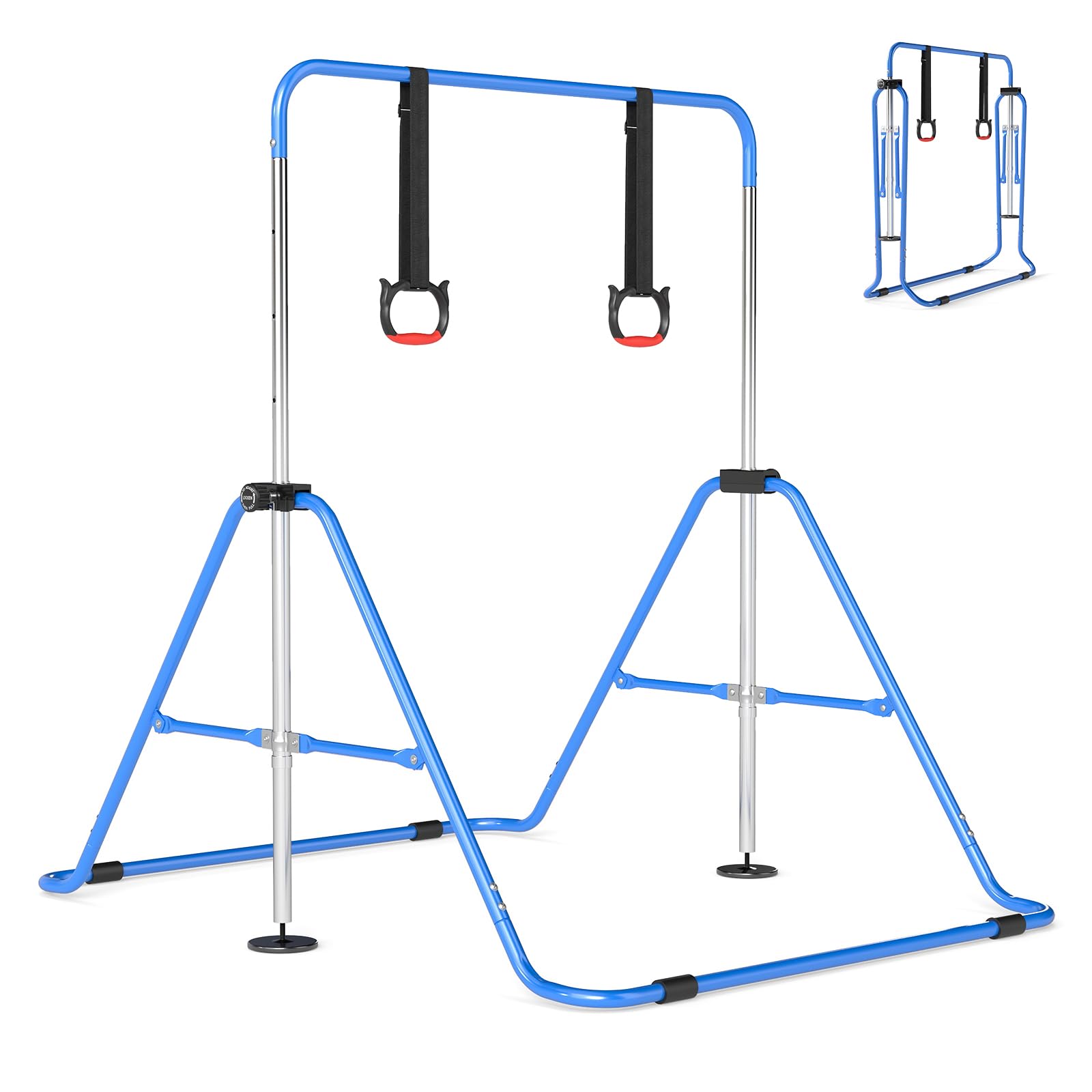 COSTWAY Folding Gymnastics Bar, Height Adjustable Horizontal Kip Bars with Anti-slip Base, Expandable Training Monkey Bar Home Equipment for Kids Juniors (with Gymnastic Rings, Blue)
