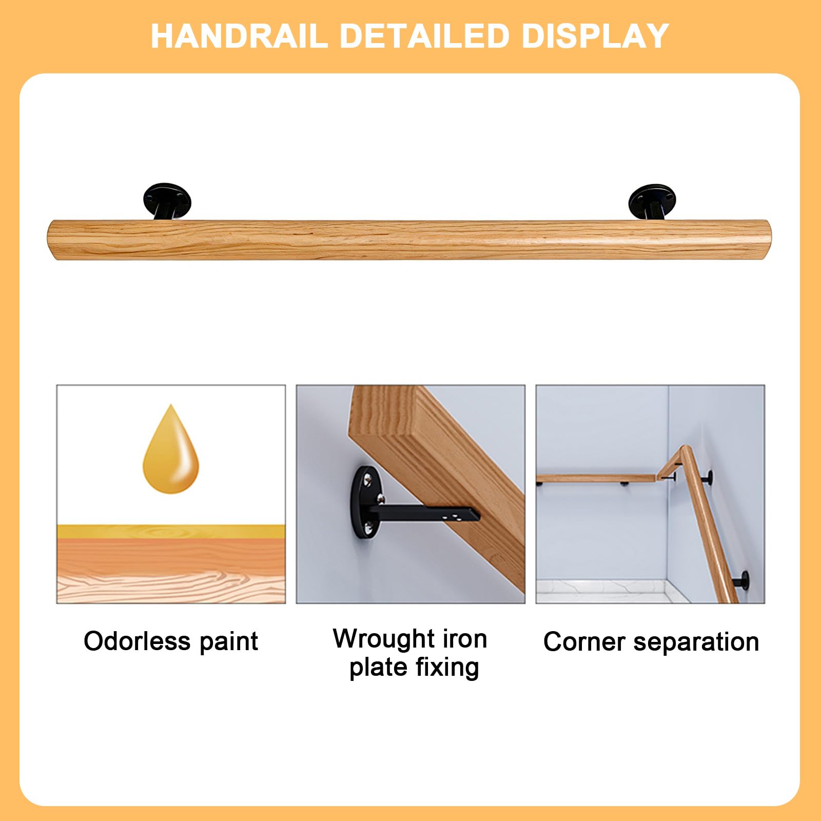 Pasamanos De Madera Para Escalera Interior, Barandilla Antideslizante De 50-600 Cm, Montada En La Pared Con Soporte De Metal Para Lofts De Jardín De Casa
