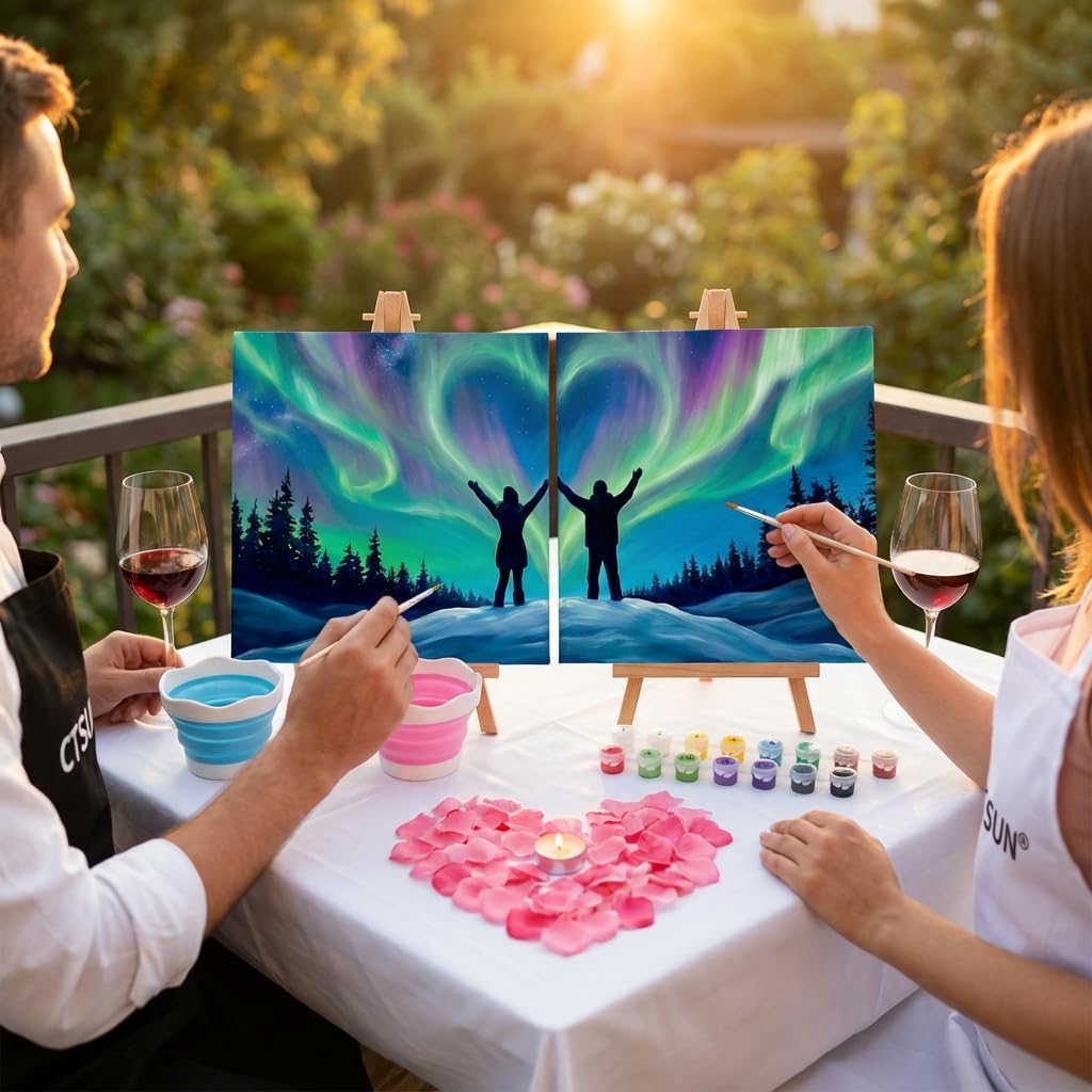 CT SUN Couples Paint by Numbers Kit for Adults - Sip and Paint Set with 2 Framed 10"x10" Canvases, Easels & Paints - Easy No-Experience-Needed DIY Acrylic Painting (Deluxe Edition, Aurora)