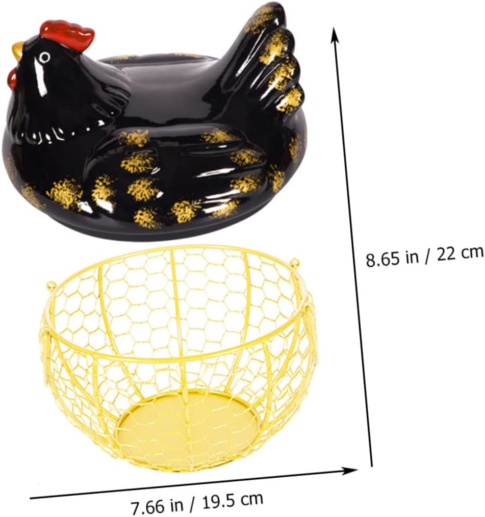Unomor Iron Art Egg Basket and Chicken Shape Egg Holder, Black and Gold Metal Wire Storage Container for Kitchen Countertop, Food and Vegetable Organizer for Farmhouse Decor