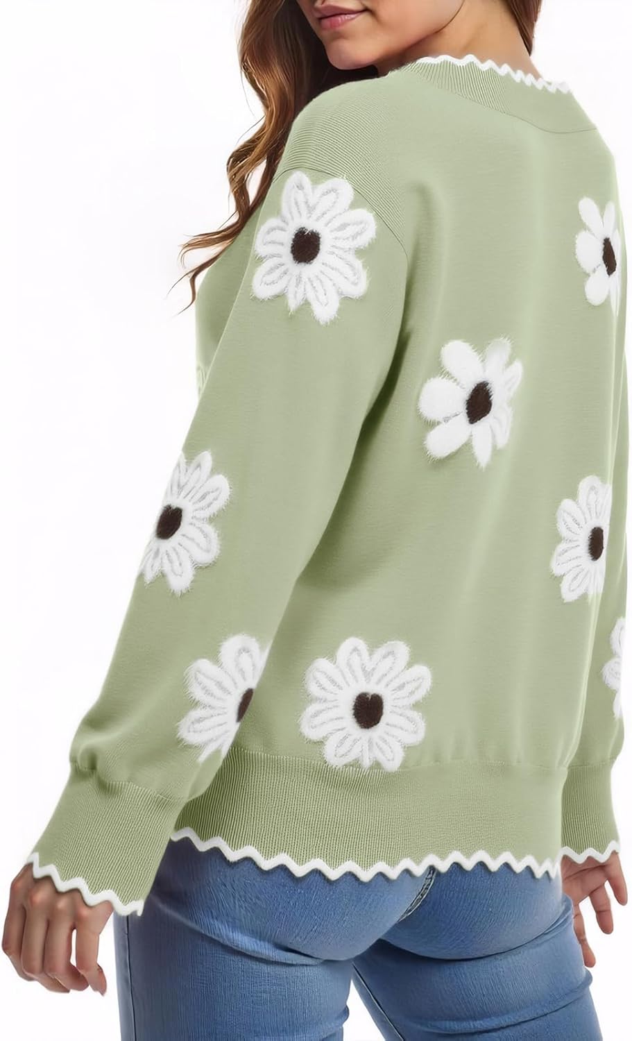 Cute Fall Flower Sweaters for Women, Casual Long Sleeve Pullover V Neck Lightweight Crochet Chunky Knit Pullover Jumper Tops - Image 5