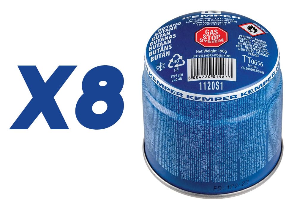 Lampada per Saldare Kemper + 8 Bombole Gas Butano Sicuro + 2 Guanti Omaggio | Cannello Accendifuoco Professionale per Fai-da-Te, Barbecue, Diserbo, Saldature Leggere