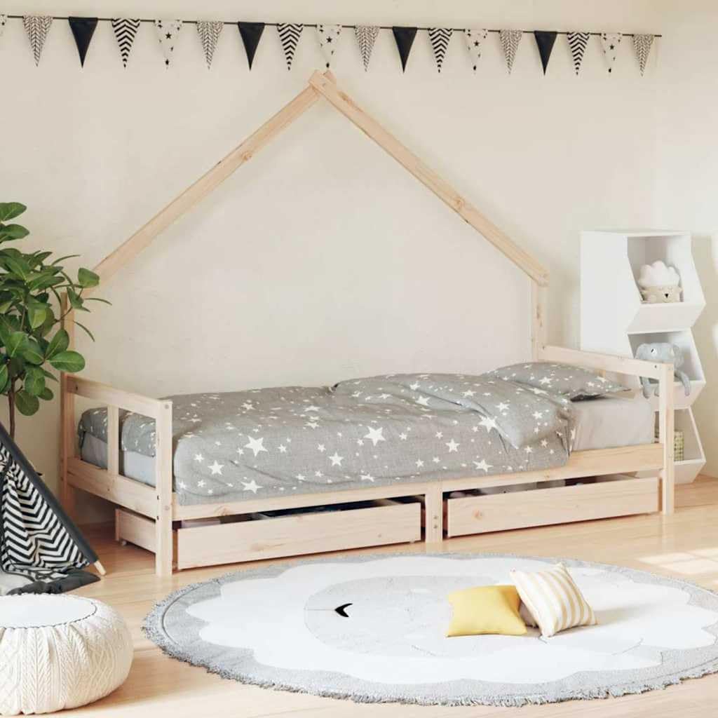 Kinderbett mit Schubladen aus massivem Kiefernholz 80x200 cm, stabiles Bettgestell mit Lattenrost, Stauraum, niedriges Design für Kinderzimmer und sicheren Schlafplatz