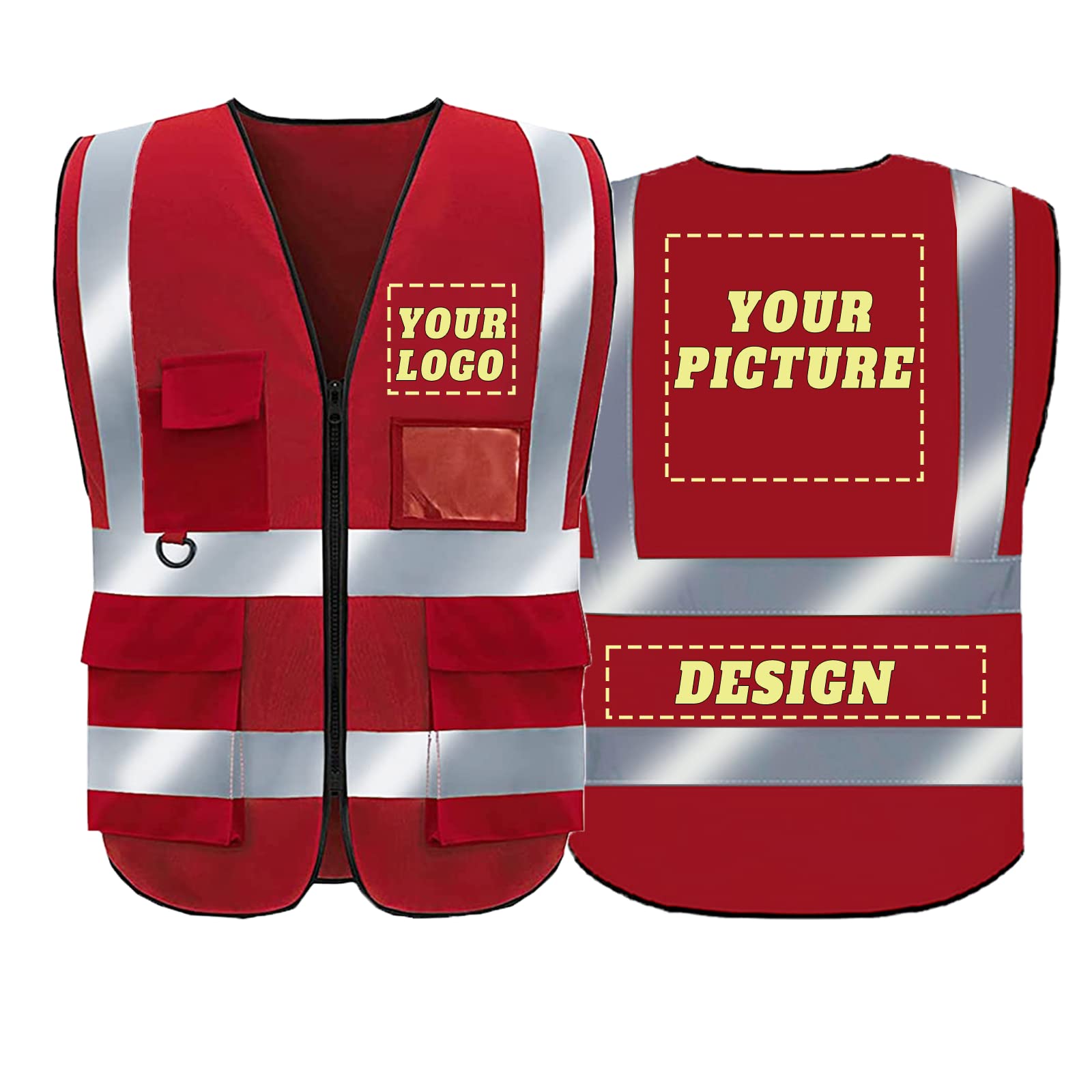 BeautyWill Hi Vis Customized Vest with Logo, Class 2 Personalized High Visibility Reflective Vestwith 5 Pockets and Zipper (Red, L) — image 1
