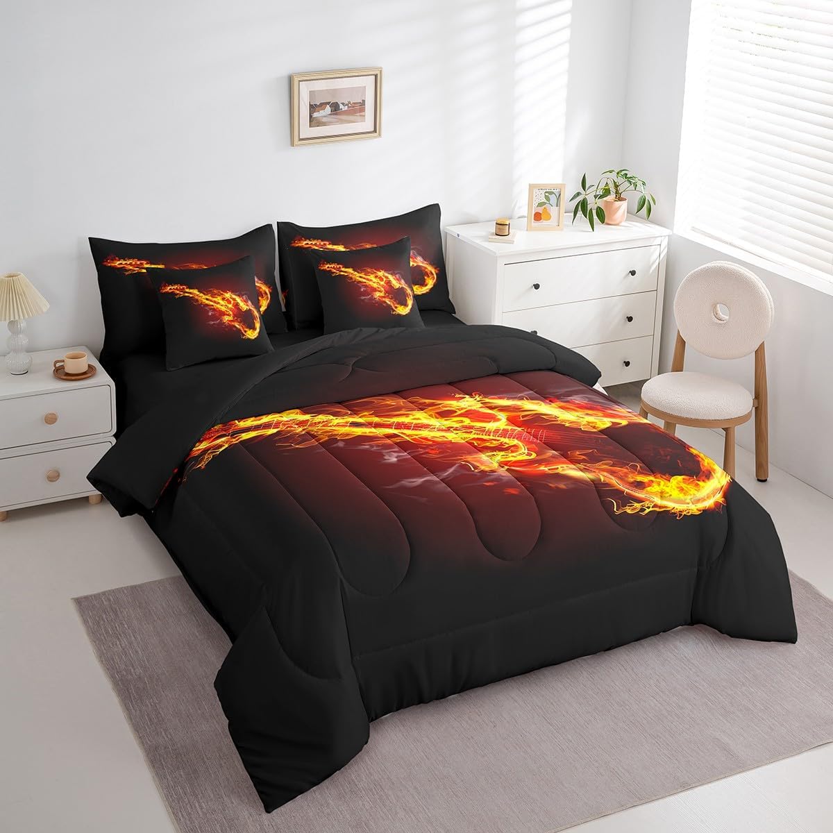 Guitar Reversible Comforter Set 7 Piece Full Size,Fire Decor Musical Instrument Bed Sheet Set Abstract Musical Theme Black Bedding Set with Comforter,Fitted & Flat Sheet