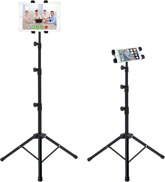 IPad Tripod Stand, Height Adjustable Tablet Floor Stand, Tablet Holder Stand with 360° Rotating iPad Tripod Mount for iPad, iPad Mini, iPad Pro, iPad Air and other 5.5-12.9 Phone Tablet