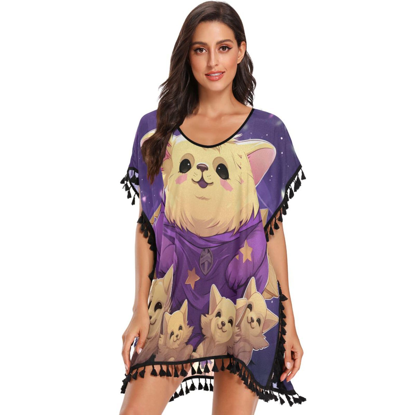 Cute Yellow Doodle Koala Women's Beach Cover Up Chiffon Tassel Swimwear Swimsuit Coverups for Girl