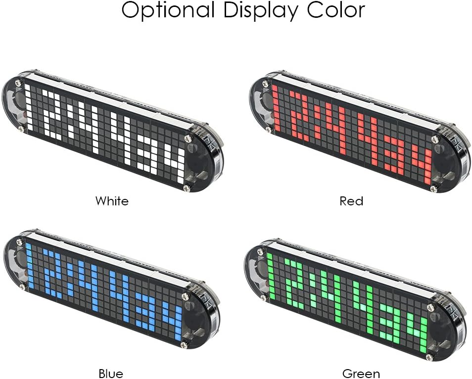Four Irfora DS3231 clocks showing different display colors: White, Red, Blue, Green
