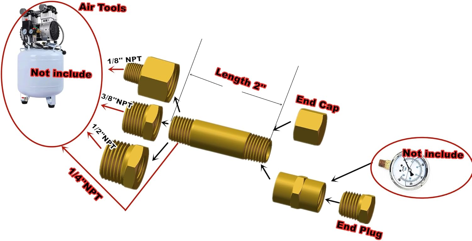 Brass 1/4'' NPT x 2'' Length Long Nipple Air Hose Fittings Set, contain Plug Cap Reducer Bushing Adapters and PTFE Tape for Air Compressor/Tank/Pump/Oil Line Pressure Gauge DIY (Pack of 8)