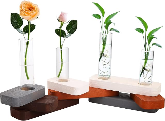 Jucoan Glass Planter Propagation Station, Desktop Glass Test Tube Planter Flowers Bud Terrarium Vase with Wooden Building Blocks Stand for Hydroponics Plants