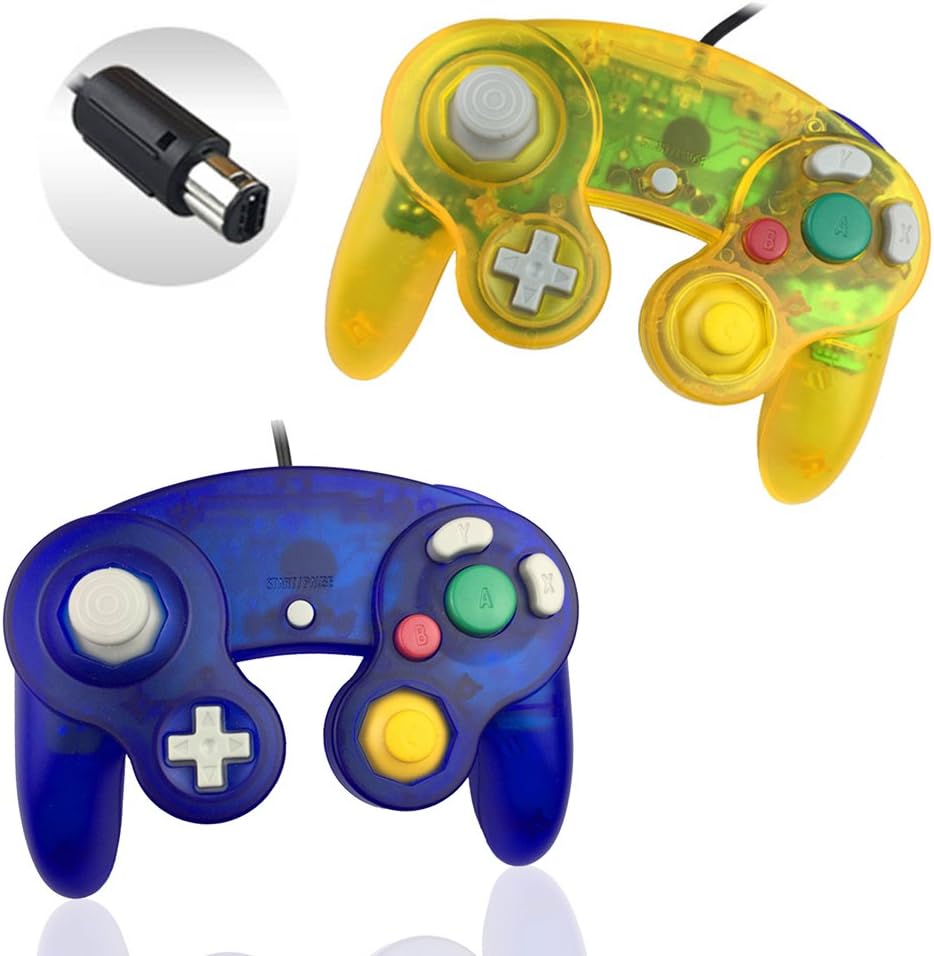 Reiso 2 Packs NGC Controllers Classic Wired Controller for Wii Gamecube(Clear Yellow and Clear Blue)