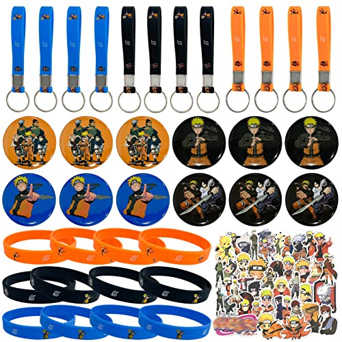 86pcs Anime Decorations for Party Favors Set, Include 50 Stickers, 12 Bracelets, 12 Button pins, 12 Keychains, Party Supplies Set for Boy and Girl