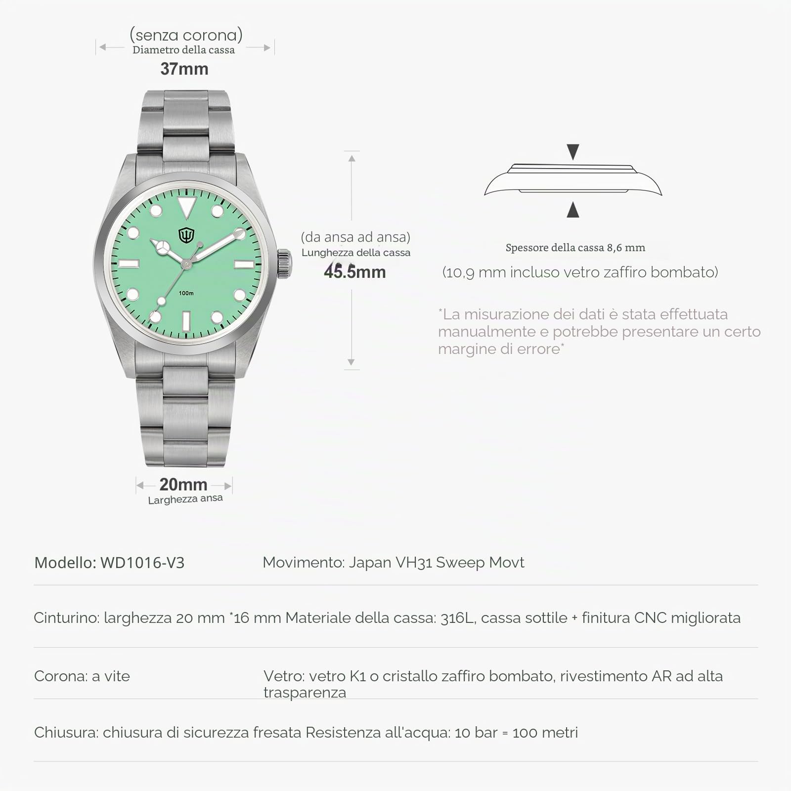 watchdives WD1016 VH31 Orologio al Quarzo, Orologi da Uomo Quadrante da 37 mm Orologio da Polso in Acciaio Inossidabile Luminoso Impermeabile 100 M