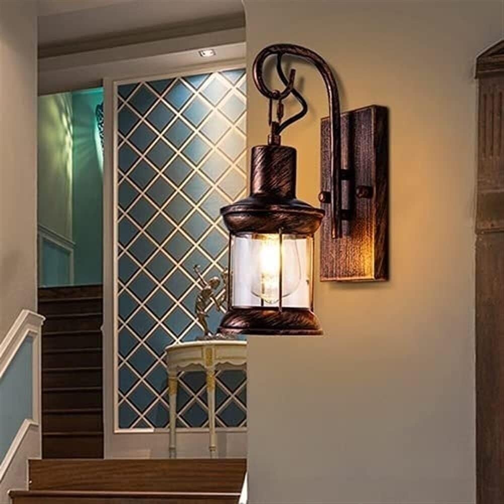 JYBNBBE Rustic Light Fixtures, Indoor Vintage Wall Sconce Industrial Lamp Fixture E27 Iron & Glass with Solid Wood Base, Farmhouse Sconces Lights for Bedroom Living Room Cafe