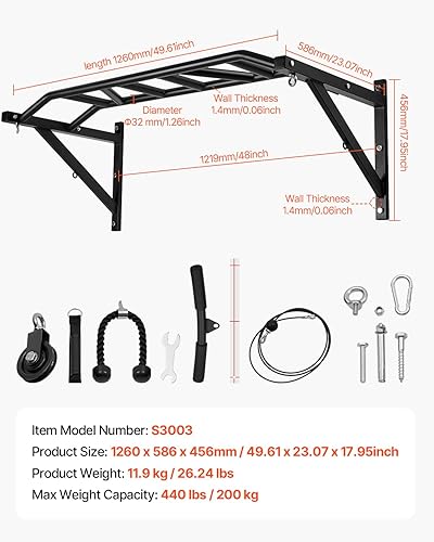 Miniatura 7 de VEVOR Pull Up Bar, Multi-Grip Wall Mounted Pull Ups, 50 in Width Multifunctional Chin Up Training Station, Heavy Duty Steel Upper Body Workout Bars