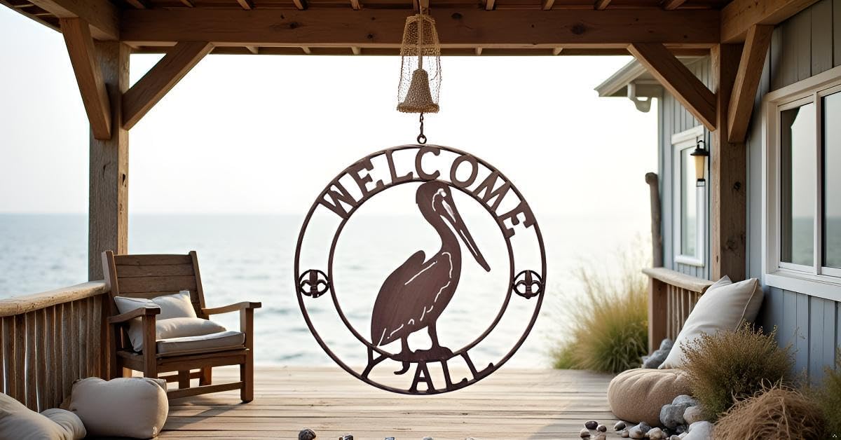 30″ Antique Copper Pelican Welcome Sign – Large Rustic Metal Wall Art for Indoor Outdoor Decor, Round Front Porch Wall Plaque with “Welcome Y’all” Design