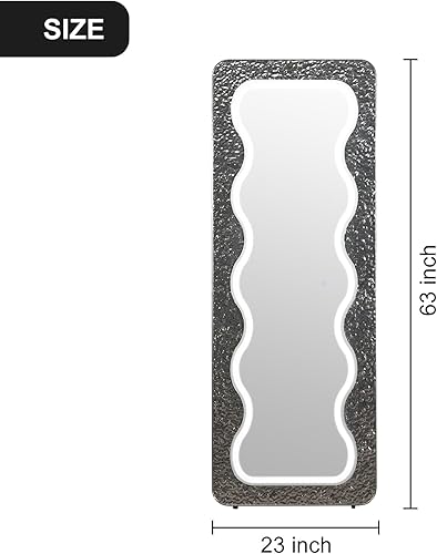 Miniatura 7 de Espejo LED ondulado de longitud completa de 63 x 24 pulgadas, espejo de cuerpo completo irregular, espejo de piso arqueado ondulado, espejo de pared