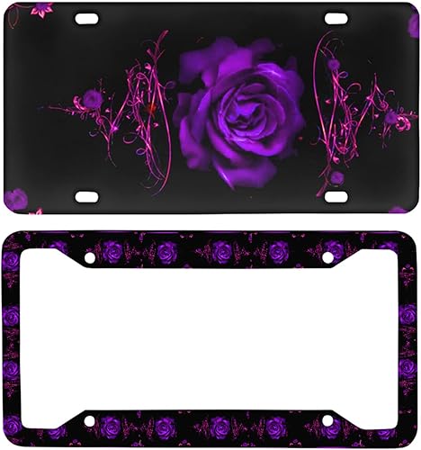 PZZ BEACH Accesorio de decoración de automóvil de rosa púrpura, marco de matrícula y placa de automóvil, paquete de 2 unidades de 6.3 x 12.2 pulgadas