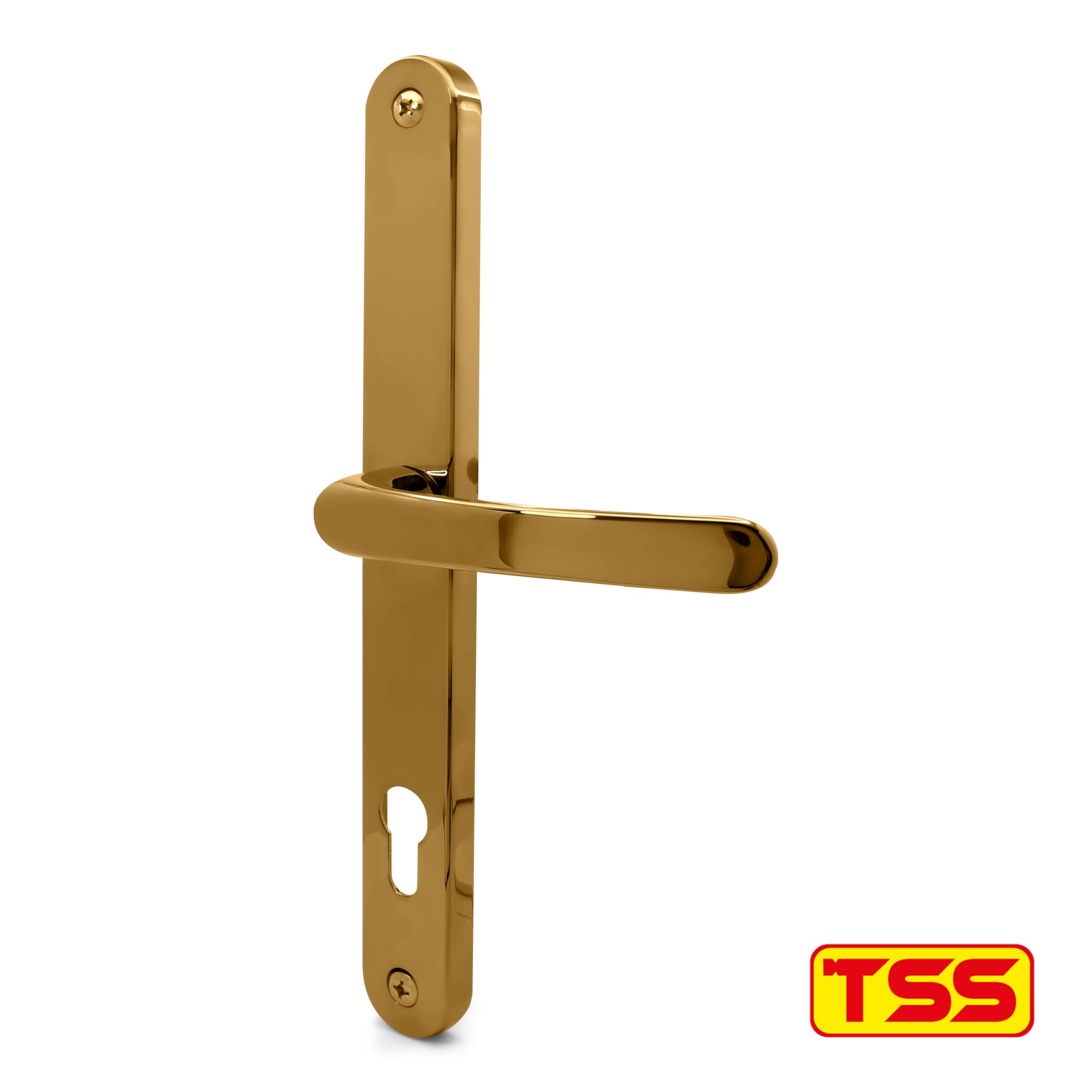 TSS Universal-Türgriffe aus UPVC – Hebel/Hebel – 92 mm PZ (Mitte) – 264 mm Schraube zu Schraube – Rückplatte 297 mm x 34 mm – UPVC-Türgriff – Außentürgriff (poliertes Messing)